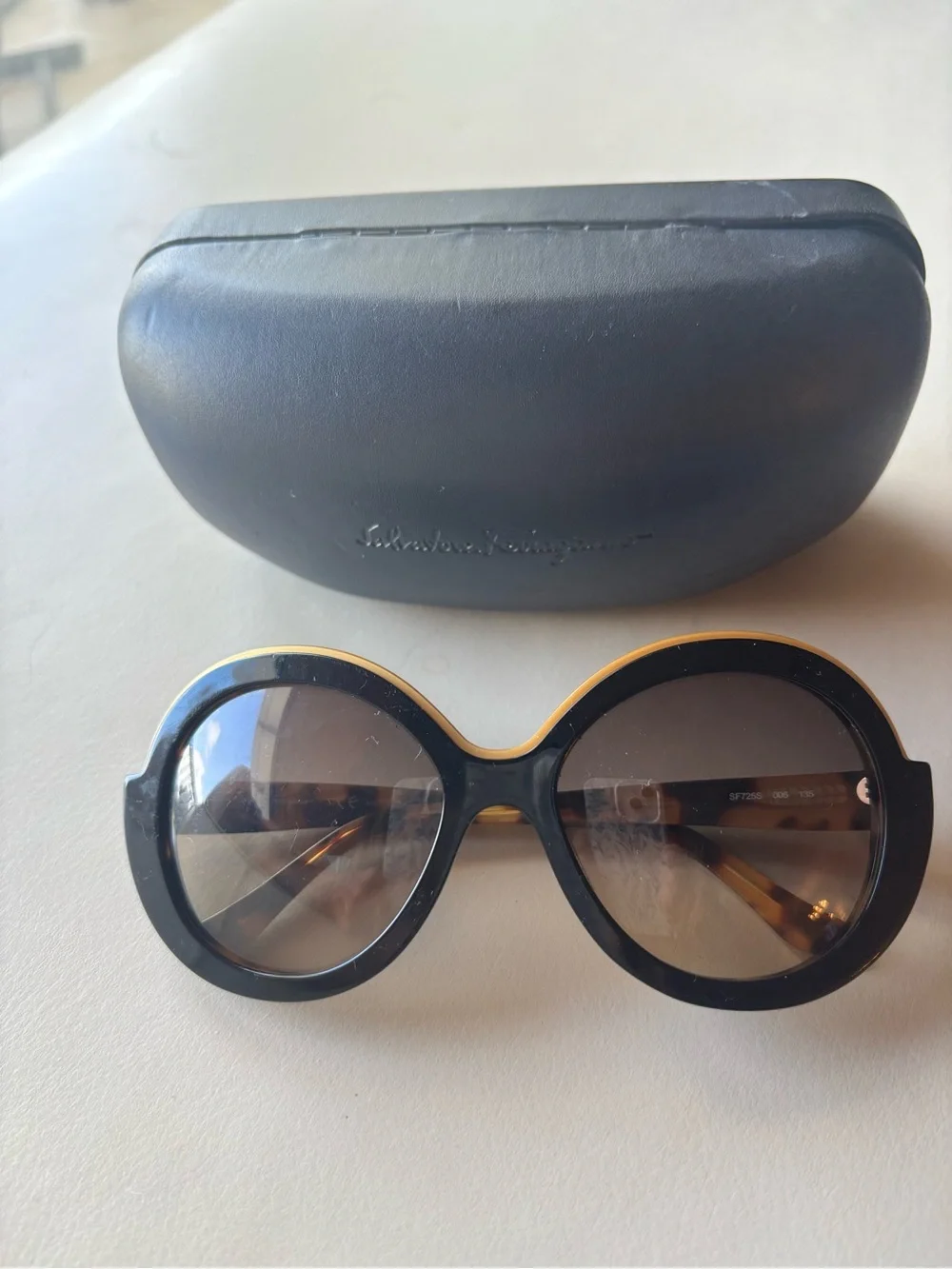 Salvatore Ferragamo Black and Gold Oversized Round Sunglasses incl case